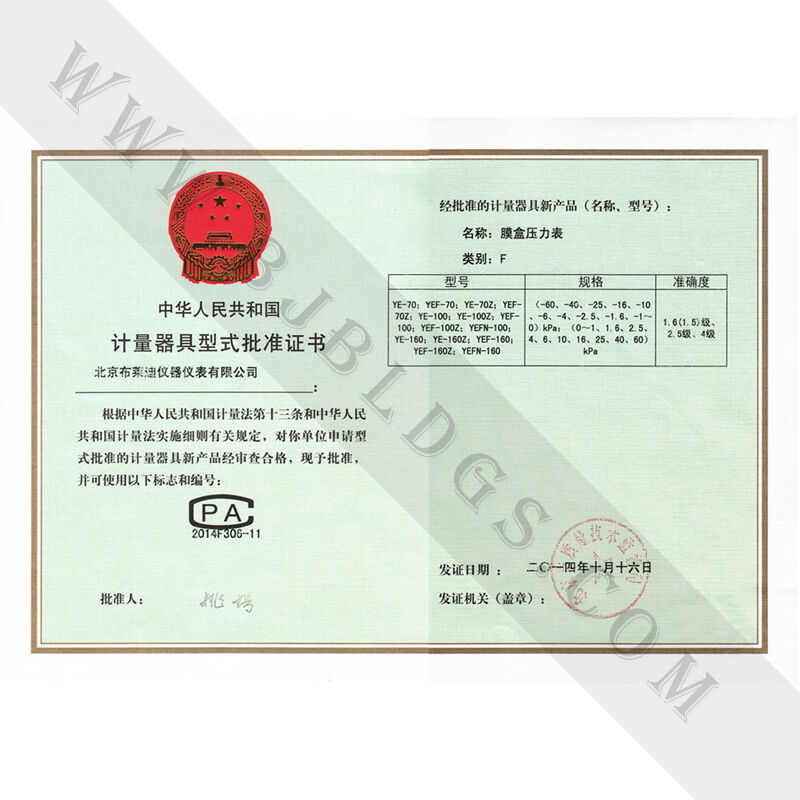 膜盒壓力表形式批準證書